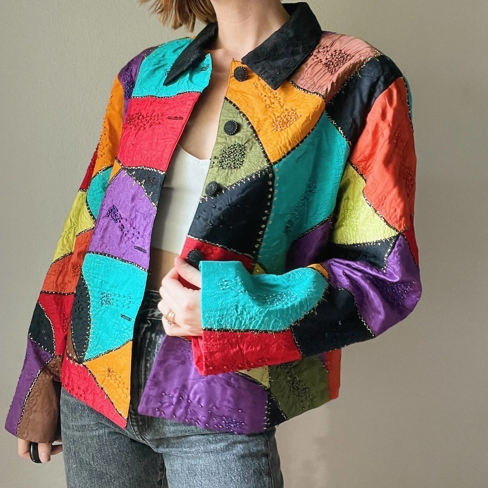 Vintage 1980/90s Funky Rainbow Tapestry Patchwork Lightweight Jacket - Picture 2 of 6
